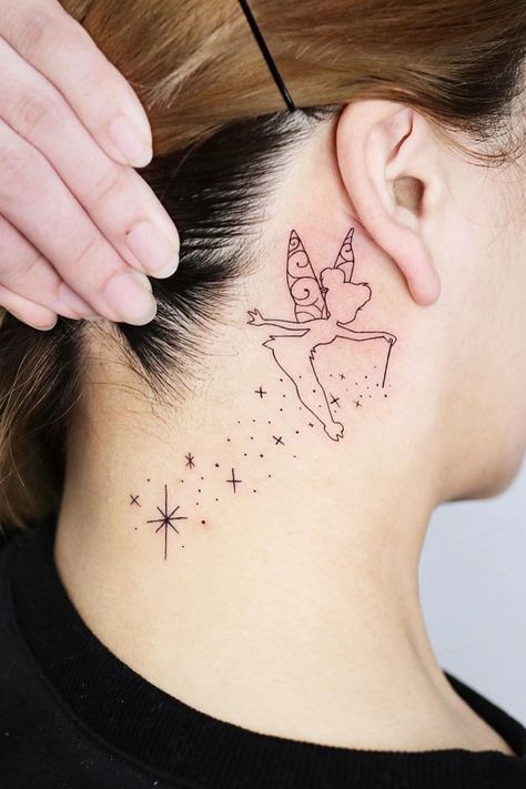 28 Hottest Tinker Bell Tattoo Ideas and Designs Tinkerbell And Friends Tattoo, Tinker Bell Tattoos For Women, Tinker Bell Tattoos, Bell Tattoo Ideas, Simple Fairy Tattoo, Pixie Dust Tattoo, Tinker Bell Nails, Behind The Ear Tattoo Ideas Unique, Ear Tattoo Men