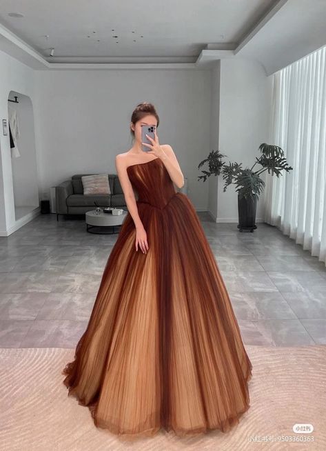 Brown Dress Formal Classy, Orange Princess Dress, Matric Ball Dresses, Brown Wedding Dress, Prom Dress Aesthetic, Ball Gowns Fantasy, Brown Dresses Formal, Era Dresses, Royal Gowns