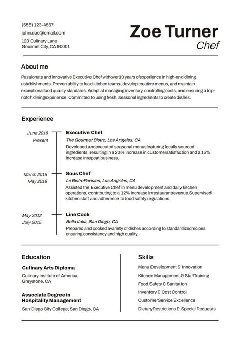 Simple Minimalist Zoe Turner Chef Resume Chef Cv Design, Chef Resume, Menu Maker, Presentation Maker, Cv Examples, Invitation Maker, Photo Collage Maker, Social Media Schedule, Resume Design Template