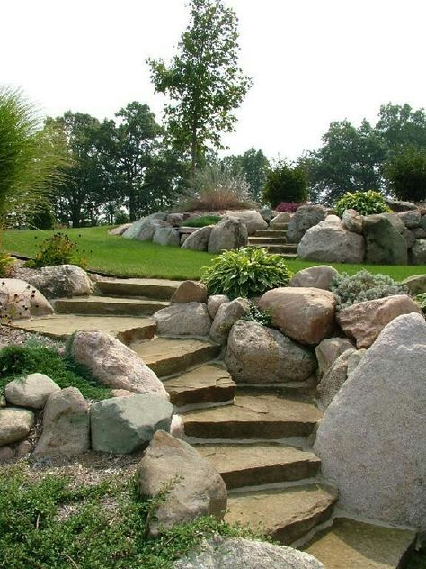 Sloped Backyard Landscaping, Sloped Backyard, Landscaping Retaining Walls, Garden Stairs, Hillside Landscaping, Sloped Garden, Garden Steps, Easy Landscaping, Landscape Plans