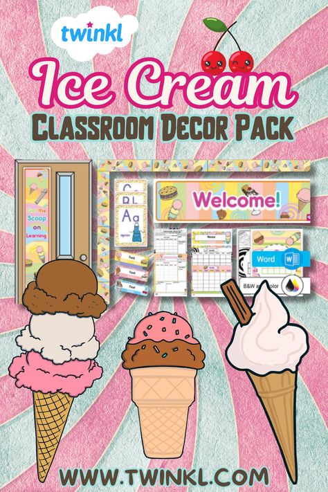 Use this sweet Ice Cream Theme Classroom Decor Pack to turn your classroom into a delicious experience! This pack includes a variety of resources for classroom decorating and parent communication! Ice Cream Theme Classroom, Ice Cream Classroom, Cream Door, National Ice Cream Day, Ice Cream Day, Ice Cream Theme, Parent Communication, Teacher Created Resources, Theme Classroom