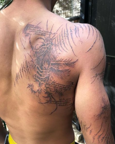 @_ll9____ on Instagram: "%_%" Back Tattoo Scripture, Rear Delt Tattoo, Wings On Forearm Tattoo, Scylla Tattoo, Tattoo Back Man, Men’s Tricep Tattoo, Back Shoulder Tattoo Men, Back And Shoulder Tattoo, Men’s Shoulder Tattoo Ideas