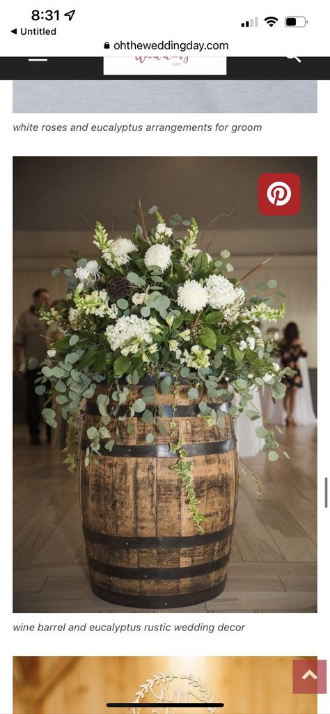 Wine Barrel Flower Arrangements, Wine Barrel Wedding Flowers, Wedding Entry Table, Fake Flower Arrangements Diy, Wine Barrel Wedding Decor, Barrel Wedding Decor, Wine Barrel Wedding, Barrel Flowers, Wine Barrel Decor