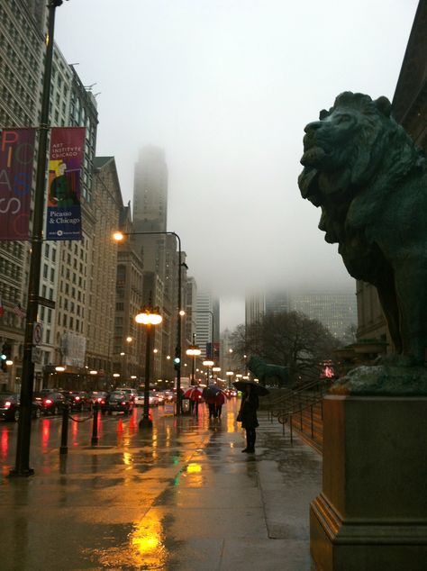 A rainy day on Michigan Avenue outside of the Art Institute of Chicago. Streets Of Chicago, Windy City Aesthetic, Chicago Rainy Day, School Of The Art Institute Of Chicago, Art Institute Of Chicago Aesthetic, Chicago Autumn, Rainy Chicago, Jeneva Rose, Michigan Avenue Chicago