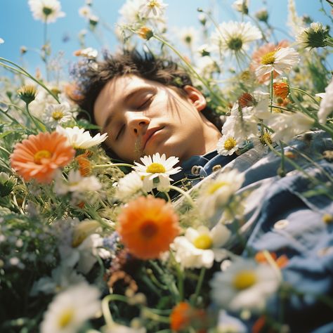 Man Holding Flowers Pose Reference, Man In Flower Field, Person In Flower Field, Picking Flowers Pose, Laying In Flower Field, Person Holding Flowers, Lofi Photography, Laying In Flowers, Vacation Dadcore