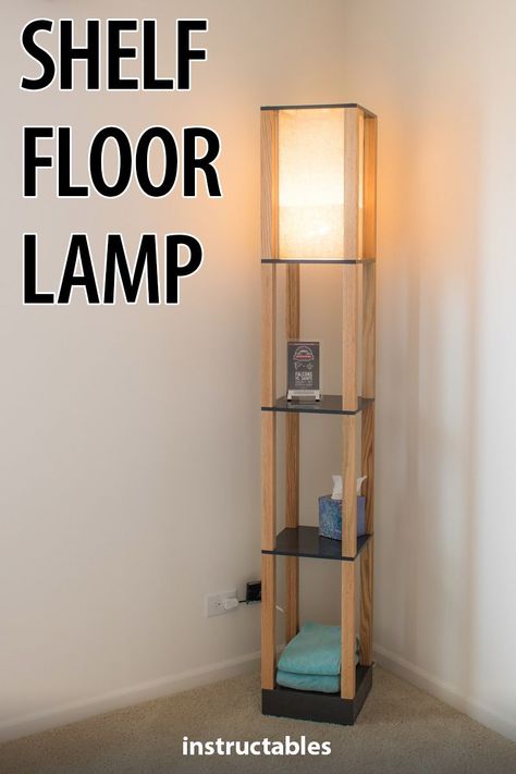 Make a stylish floor lamp that also functions as a shelf. #organization #storage #furniture #woodworking #workshop #woodshop #lighting Shelf Floor Lamp, Diy Floor Lamp, Plywood Shelves, Stylish Floor Lamp, Lamp Makeover, Floor Lamp With Shelves, Organization Storage, Modern Floor, Diy Flooring