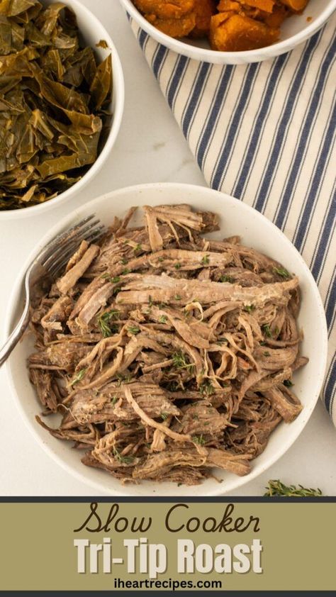 This slow-cooked tri-tip roast delivers tender, flavorful beef enhanced with garlic, rosemary, and oregano. The roast is seared to seal in its juices, then simmered in beef bone broth until it’s fall-apart tender, making it an ideal savory centerpiece for any meal. Tri Tip Crockpot, Tri Tip Crockpot Recipes, Tritip Crockpot, Rib Roast Slow Cooker, Tri Tip Roast Recipes, Tip Roast Recipes, Slow Cooker Tri Tip, Southern Soul Food Recipes, Tri Tip Roast