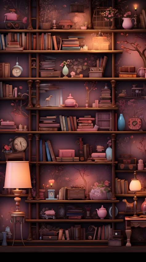 A captivating wallpaper depicting a room with dark pink bookshelves, whimsical and surreal, filled with photorealistic details and detailed character illustrations, perfect for a cozy and enchanting phone background. Pink Whimsical Wallpaper, Orange Library Aesthetic, Bookshelves Illustration, Dark Brown Palette, Bookshelves Wallpaper, Bookish Wallpaper Iphone, Vision Board Fashion, Fashion Vision Board, Book And Bed