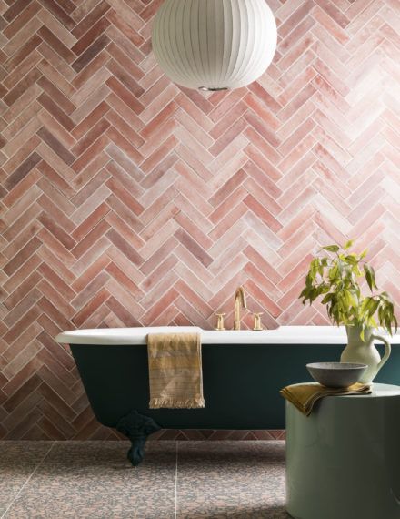 Ways to Lay: 5 Unique Tile Laying Patterns | Mandarin Stone Tile Laying Patterns, Green Terrazzo, Indoor Outdoor Bathroom, Mandarin Stone, Colorful Interior, Classic Tile, Unique Tile, Pink Tiles, Herringbone Tile