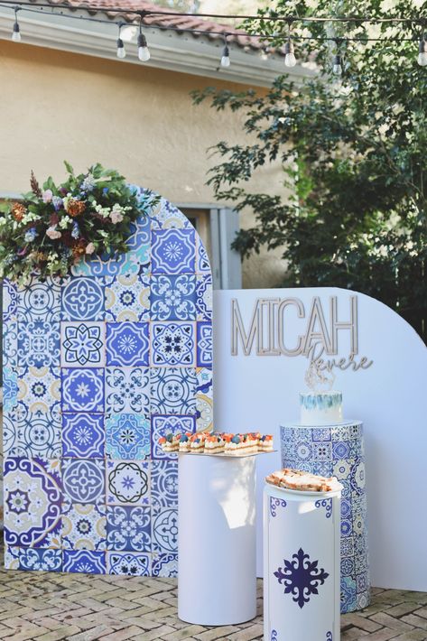 Talavera Party Backdrop, Santorini Greece Theme Party, Portugal Party Decorations, Talavera Photo Backdrop, Greece Theme Wedding Decor, Clase Azul Party Decor, Greece Hoco Theme, Santorini Theme Decor, Portugal Themed Party