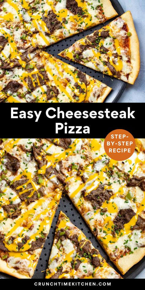 The Best Cheesesteak Pizza Recipe. If you love pizza this ultimate Philly cheesesteak pizza recipe is a must-try. This easy homemade pizza has green peppers, onions, three layers of cheese, and shaved Sirloin Steak! My Philly cheesesteak pizza has pizza sauce and it tastes amazing. An easy lunch or dinner idea! #Pizza Philly Cheesesteak Pizza, Philly Cheese Steak Pizza, Cheesesteak Pizza, High Fiber Low Carb, Cheese Pizza Recipe, Crispy Pizza Crust, Soups For Kids, Steak Pizza, Philly Steak