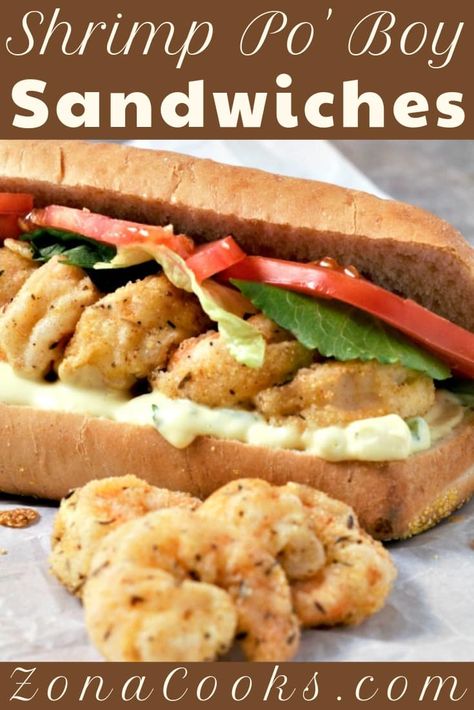 These Shrimp Po’ Boy Sandwiches are easy, delicious, and quick – ready in just 30 minutes. Breaded shrimp are fried until golden brown, served on hoagie rolls or sub buns, and topped with lettuce, tomato, and a homemade mayo sauce. This recipe makes a great lunch, dinner, or date night meal for two. #shrimp #ShrimpPoBoy #sandwiches #SouthernFood Po Boy Sandwich, Seafood Recipes Scallops, Shrimp Sandwich, Shrimp Po Boy, Mayo Sauce, Breaded Shrimp, Homemade Mayo, Hoagie Rolls, Grilled Shrimp Recipes