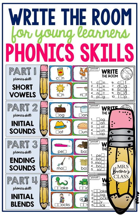 Phonics write the room activity to practice phonics and phonemic awareness skills in Kindergarten and First Grade First Grade Writing Center, Intervention Teacher, Ending Sounds, Middle Sounds, Phonics Cards, Spelling And Handwriting, First Grade Phonics, 1st Grade Writing, First Grade Writing