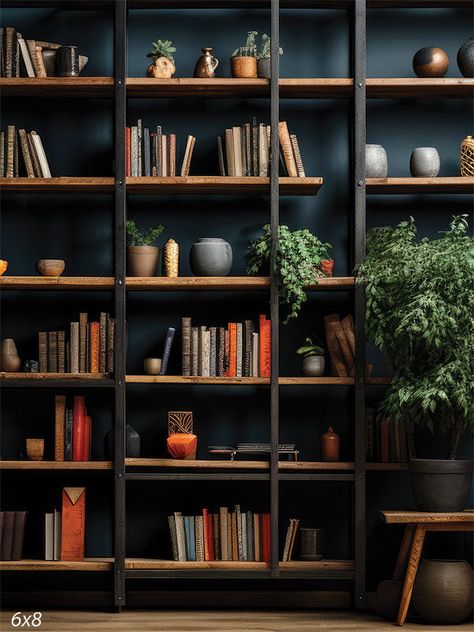 Modern Library with Greenery Photography Backdrop - A modern bookshelf filled with books Mixed Wood Tones Office, Floating Shelves Library Wall, Bookshelf Plants Decor, Modern Library Aesthetic, Bookshelf Color Ideas Paint, Library Shelves Design, Dark Home Library, Dark Library Room, Dark Green Bookshelf