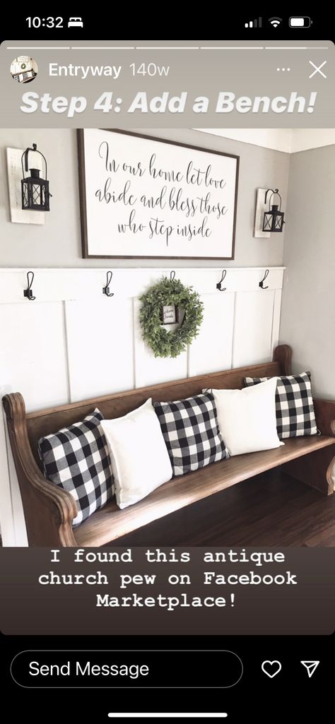 Rancher Entryway Ideas, Entry Pew Bench, Decorating A Pew Bench, Foyer With Bench And Table, Pew In Entryway, Black Entry Bench Decor, Long Entryway Ideas With Bench, Diy Church Pew Benches, Church Bench Entryway