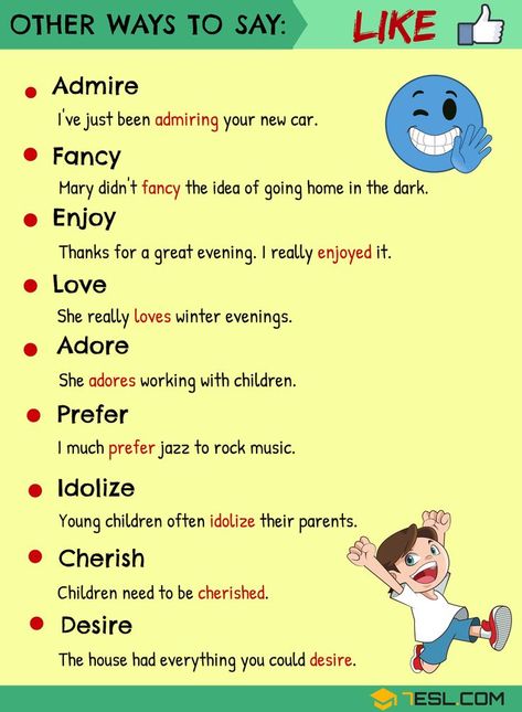 LIKE Synonyms! In this lesson, you will learn different ways to say LIKE in English with their meaning and examples. Like Synonyms Words, Synonyms For Like, Like Synonyms, English Speaking Skills, English Learning Spoken, Conversational English, English Vocab, Learn English Grammar, Good Vocabulary Words