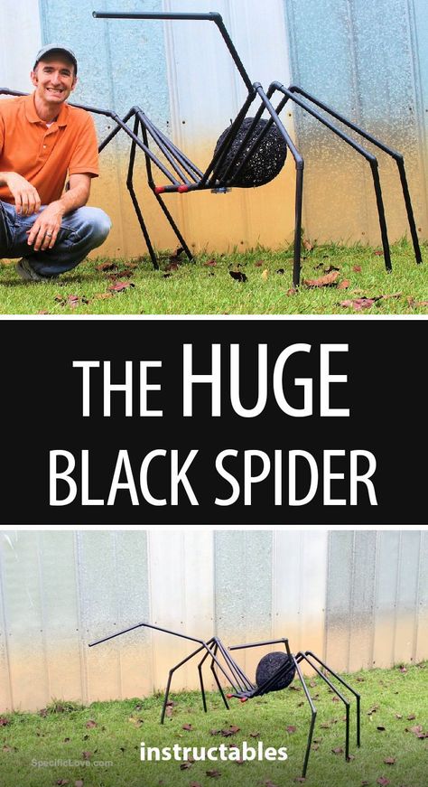 Create a huge black spider from PVC with a yarn body that contains creepy red LED lights. #halloween #decor #lawn #yard #spider #craft #DIY #party #spooky #prop Spider Craft, Huge Spiders, Red Led Lights, Jumping Spider, Black Spider, Halloween Stuff, Diy Metal, Lawn Decor, Halloween Projects