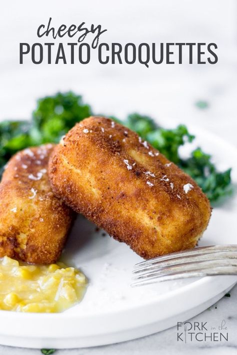 Cheesy Potato Croquettes - Fork in the Kitchen Foreign Cuisine, Potato Croquette Recipe, Spanish Dish, Photoshoot Reference, Croquettes Recipe, Potato Croquettes, Cheesy Potato, Boursin Cheese, One Egg