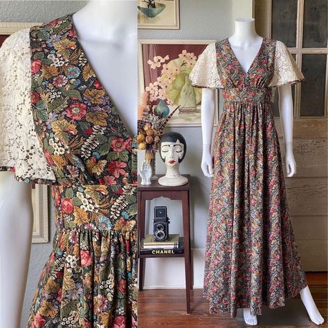 Rose Gold Jumpsuit, Praire Dresses, Gold Jumpsuit, Floral Wrap Skirt, 1970s Dresses, Gunne Sax, Prairie Dress, Dark Floral, Style Cardigan