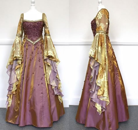 Gold Medieval Dress, Fair Outfits, Spring Colours, Old Fashion Dresses, Fantasy Dresses, Medieval Clothing, Medieval Dress, Fantasy Gowns, Fairytale Dress