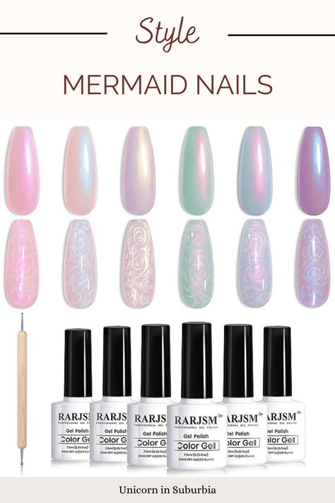 RARJSM Pearl Gel Nail Polish Glitter Pearlescent Shell Gel Polish Pink Beige Pearl Blue Green Purple Shimmer Mermaid Swirl Thread Effect Nail Gel Soak Off LED UV Curing Requires DIY Manicure Use Mermaid Effect Nails, Mermaid Nails With Pearls, Mermaid Color Nails, Purple Pearl Nails, Pink Mermaid Nails, Mermaid Gel Polish, Purple Mermaid Nails, Blue Mermaid Nails, Mermaid Nails Pearls