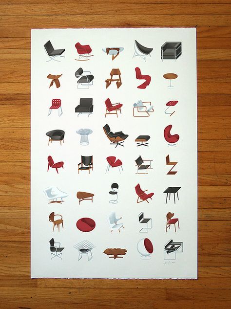 An illustrated collection of icon mid-century modern furniture, including Eames, Bertoia, Le Corbusier, van der Rohe, Noguchi & many more. Furniture Graphic, Chairs And Tables, Neutral Art, Mid Century Mod, Mid Century Chair, The Design Files, Mid Century Modern Furniture, Mid Century Furniture, Mid Century Modern Design