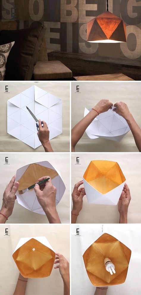 Here's an easy DIY Geometric Paper Lampshade for those who enjoy origami-inspired geometric modern home decor #Lamp Origami Návody, Diy Origami Decor, Diy Origami Home, Diy Origami Home Decor, Origami Lights, Origami Home Decor, Origami Lampshade, Origami Lamp, Instru�ções Origami