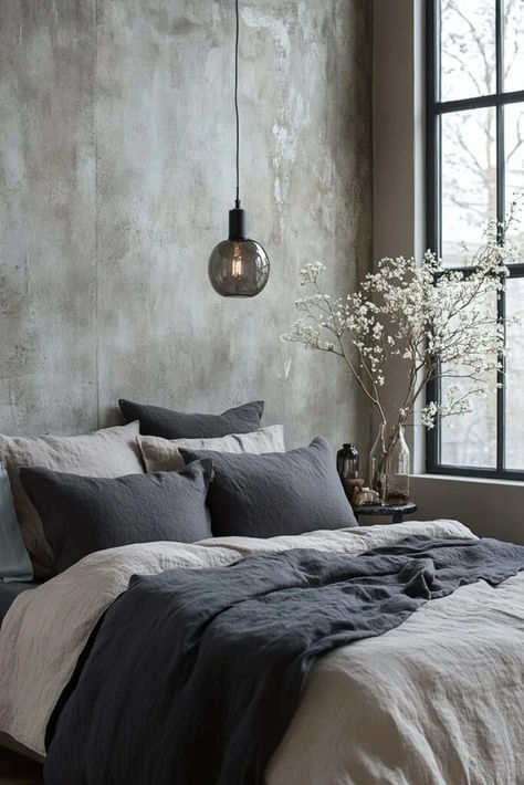 This gray boho bedroom blends urban elements like concrete walls with soft textiles and cozy lighting for a modern yet inviting atmosphere. Perfect for city dwellers seeking a peaceful retreat. Click for more gray boho bedroom ideas with an urban vibe. Dark Grey Small Bedroom, Cement Bedroom, Grey Wall Bedroom, Gray Boho Bedroom, Charcoal Bed, Master Room Decor, Dark Gray Bed, Dark Bedding, Gray Bedding