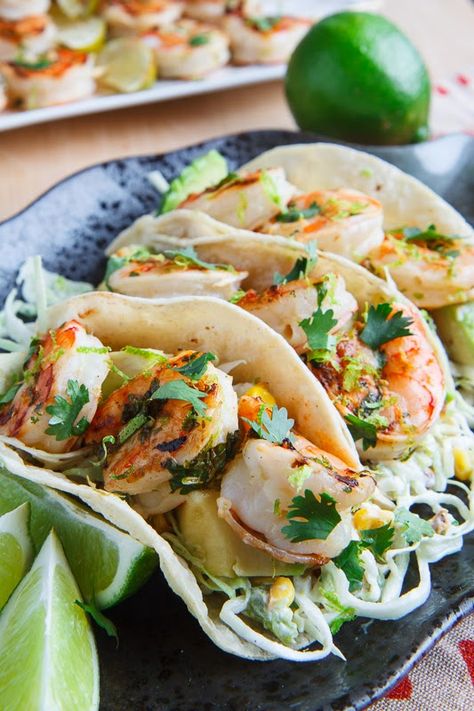 Cilantro Lime Shrimp Tacos with Roasted Corn Slaw and Roasted Jalapeno Crema Jalapeno Crema, Corn Slaw, Lime Shrimp Tacos, Cilantro Lime Shrimp Tacos, Sandwich Vegetarian, Crema Recipe, Cilantro Lime Shrimp, Roasted Jalapeno, Lime Shrimp