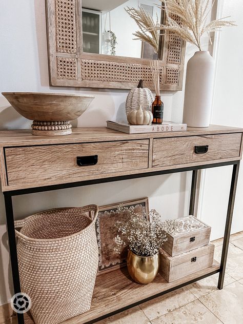 Neutral, boho & subtle fall entryway decor refresh! Console Table Decorating Picture Frames, Boho Living Room Console Table, Entryway Table Bottom Shelf Decor, Console Basket Decor, Sofa Table Boho, 2 Shelf Console Table Decor, Decorating Bottom Shelf Of Sofa Table, Entry Table Bottom Shelf Decor, Doorway Table Decor