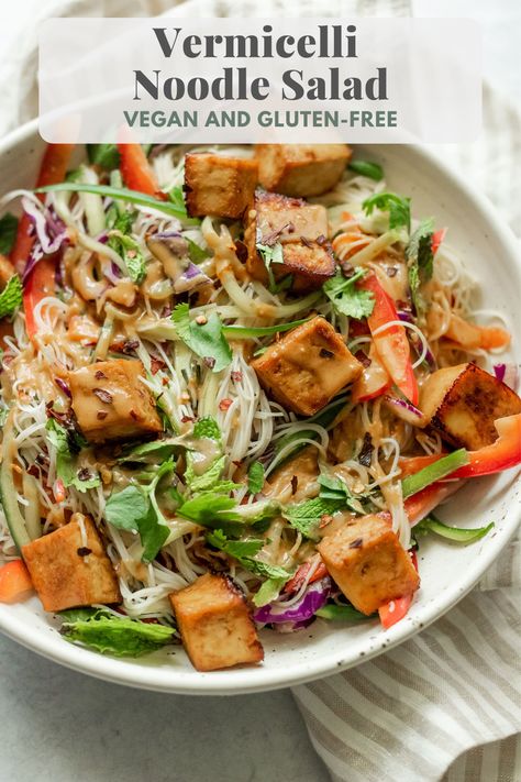 This Vermicelli Noodle Salad is a fun and refreshing bowl of tofu, fresh vegetables and herbs mixed with a delicious and easy peanut sauce. Easy to make, uses simple ingredients and comes together in just 30 minutes. Tofu Peanut Salad, Spring Noodle Salad, Vegan Vermicelli Bowl, Vermicelli Tofu Recipes, Peanut Vermicelli Noodles, Peanut Sauce Tofu Bowl, Tofu Vermicelli Bowl, Vermacheli Noodle Bowl, Shrimp Vermicelli Bowl