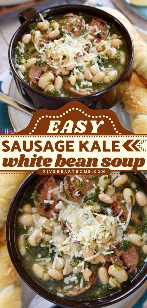 Keilbasa Recipes Soup White Beans, Soup Recipes With Sausage, Apocalypse Recipes, Sausage Kale White Bean Soup, Recipes With Sausage, Sausage And White Bean Soup, Kale White Bean Soup, Aldi Meals, Kale White Bean