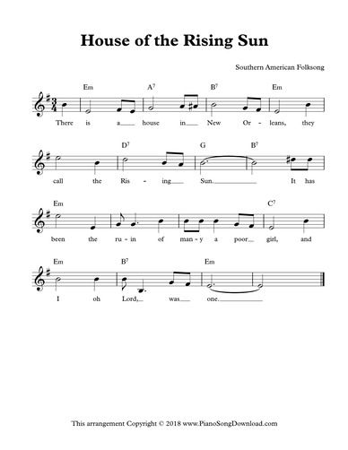 House of the Rising Sun, free lead sheet with melody, lyrics and chords. Easy Piano Songs Sheet Music, Piano Songs Sheet Music, Learn Piano Chords, Keyboard Sheet Music, Piano Notes Songs, Trumpet Sheet Music, Piano Music Lessons, Easy Piano Songs, House Of The Rising Sun