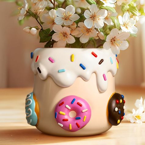 PRICES MAY VARY. 【Whimsical Donut Design】: The planter pot is designed with a 3D donut hand-painted around the entire 360-degree surface. Imagine a mixture of vibrant and colorful donuts with overflowing honey, creating an irresistible temptation. Savor your favorite flavors or try new varieties and indulge in the simple joy and happiness they bring. 【Versatile Planting Options】: These unique planters provide ample space for a variety of small plants, including string of pearls, succulents, cact Plants Funny, Modern Boho Home, Pots For Indoor Plants, Modern Boho Home Decor, Colorful Donuts, Small Flower Pots, Cute Donuts, Colorful Succulents, Plastic Flower Pots