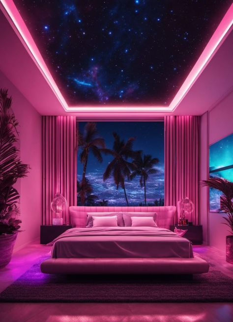 A neon pink vaporwave style bedroom interior fantasy art Vaporwave Home Decor, Interior Fantasy Art, Nightclub Bedroom, Pink Vaporwave Aesthetic, Vaporwave Aesthetic Bedroom, Vaporwave Aesthetic Room, Neon Pink Bedroom, Vaporwave Room Aesthetic, Synthwave Room