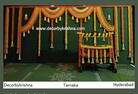 Uyyala Decoration At Home, Barasala Decoration At Home, Barasala Decoration, Diy Wedding Reception Decorations, Cradle Decoration, Candle Ceremony, Naming Ceremony Decoration, Reception Stage, Reception Stage Decor