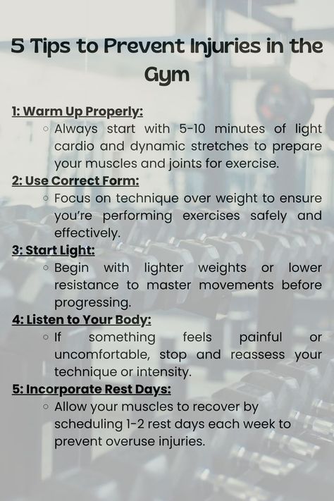 Injury prevention tips for gym-goers, including warming up properly, using correct form, starting light, listening to your body, and incorporating rest days. Background features a gym setting with equipment. Hypertrophy Vs Strength, Workouts For Strength For Women, Begginers Workout Gym, How To Start Going To The Gym, Bulking Workout Women, Gym Schedule For Women Beginners, Gym Tips For Beginners For Women, Gym Workouts Women Beginner, Workout Routines At The Gym