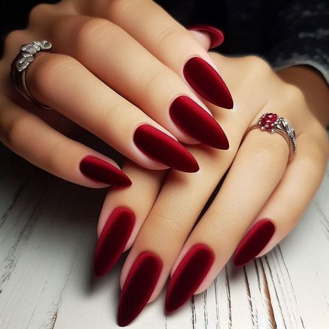 Bordo Nails, Stiletto Shaped Nails, Red Stiletto Nails, Nails Painted, Elegance Dress, Outfit Art, Velvet Nails, Nail Shimmer, Matte Nails Design