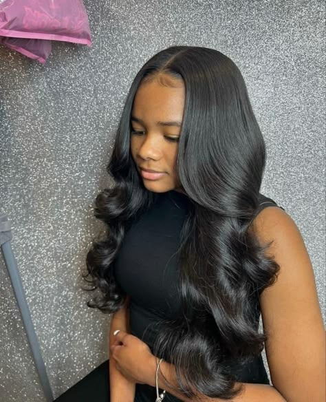 Iron Curls Hairstyles Long Hair, Loose Curls Sew In Middle Part, Middle Part Curls Sew In, Wavy Leave Out Sew In, 30 Inch Bussdown Middle Part Sew In, Middle Part Quick Weave With Curls, Curled Sew In Weave Middle Part, Curls Sew In, Middle Part See In Leave Out With Curls