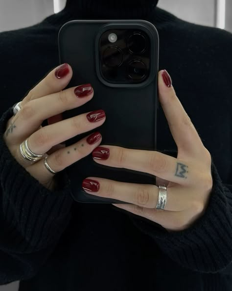 Deep red nails red nails fall nail inspo autumn nails classy nails manicure short manicure short nails pinterest inspired silver jewellery silver rings Nails With Silver Rings, Red And Silver Short Nails, Red Nails Silver Jewelry, Vintage Red Manicure, Fall Red Nails 2024, Classic Red Nails Vintage, Deep Red Nails, Autumn Nails, Classy Nails