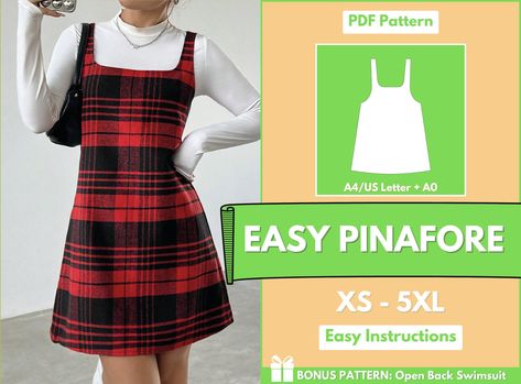 Easy Pinafore Dress sewing pattern Files contain illustrated sewing guide with easy step by step instructions. Perfect for beginners and also suitable for more advanced sewists. If you're looking for a good experience with a great reward that won't take much time then this is perfect for you! In the sewing guide you will find the Fabric Consumption, Recommended Materials, etc. ✔️ Step by step instructions ✔️ The pattern is available in sizes XS to XXXXXL. ✔️ Comes with a sewing guide, an A4/US L Diy Jumper Dress Pattern, Ora Pinafore Pattern, Plus Size Pinafore Dress Pattern, Jumper Dress Sewing Pattern, Easy Pinafore Dress Pattern, Overall Dress Sewing Pattern, Pinafore Dress Pattern Free, Diy Pinafore Dress, Overall Dress Pattern