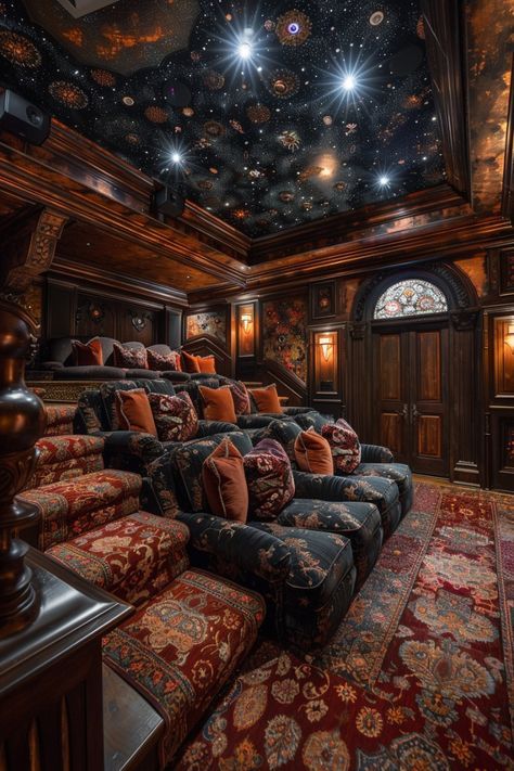 Home Movie Theatre Ideas, Castle Living Room Aesthetic, Home Movie Theater Aesthetic, Amazing Living Rooms, Cinema Room Ideas, Basement Theater Room Ideas, Luxury Movie Theater, Theater Room Ideas, Theatre Room Ideas