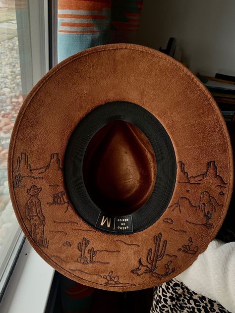 Rancher Hats For Women, Aztec Burned Hat, Wood Burned Cowboy Hats, Burned Western Hats, Wood Burned Hats Women, How To Burn Hats, Cowboy Hat Burning, Wood Burning Hat Ideas, Custom Burned Cowboy Hat