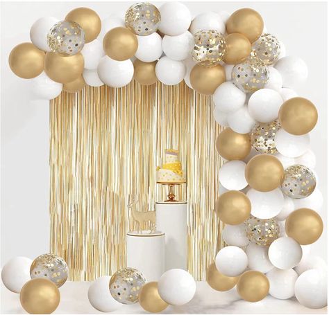 White and Gold Balloon Garland Arch Kit ， White and Gold Party Decorations with 1pcs Gold Tinsel Curtains #party #partydecorations #decorations #anniversary #anniversaryparty #50thanniversary #gold #goldparty #partyidea #partydecorideas #goldanniversary #goldenanniversary Gold And White Balloons Decoration, White And Gold Bday Decor, White Silver And Gold Party Decor, Gold Silver White Birthday Decor, White Gold Decorations Party, Golden Anniversary Party Decorations, White Silver And Gold Balloon Garland, White And Gold Party New Ywars, Wedding Anniversary Favors