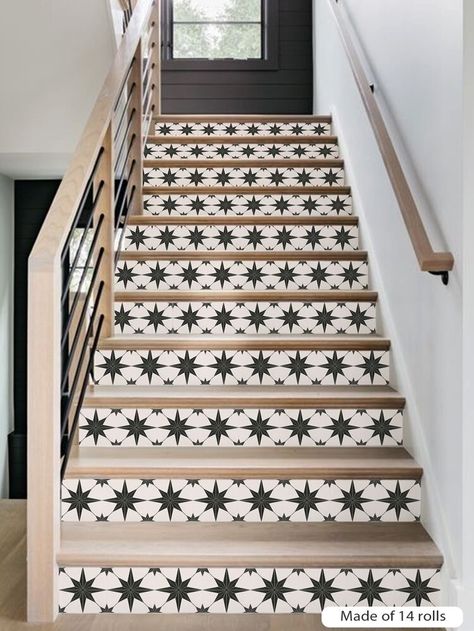 1roll Geometric Pattern Self-adhesive Stair Sticker | SHEIN USA Stenciled Stairs, Staircase Decals, Tile Decals Stickers, Stair Decals, Stairs Renovation, Rustic Stairs, Stair Riser Decals, Stair Stickers, Floor Graphics