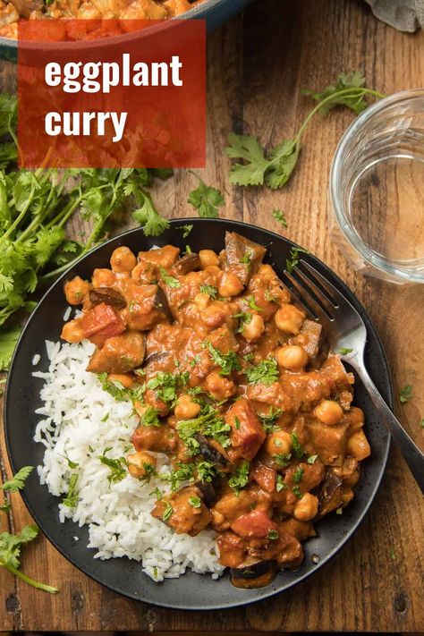 This eggplant curry is made with tender eggplant and hearty chickpeas in a creamy tomato-based sauce. It's bursting with flavor and easy to make! Vegan and gluten-free! #eggplantrecipes #curry #veganrecipes Chickpea And Eggplant Curry, Vegan Gluten Free Eggplant Recipes, Curry Eggplant Recipes, Vegan Eggplant Curry, Eggplant And Chickpeas, Egg Plant Recipes Indian, Indian Eggplant Recipes Simple, Eggplant Curry Recipes, Eggplant Curry Indian