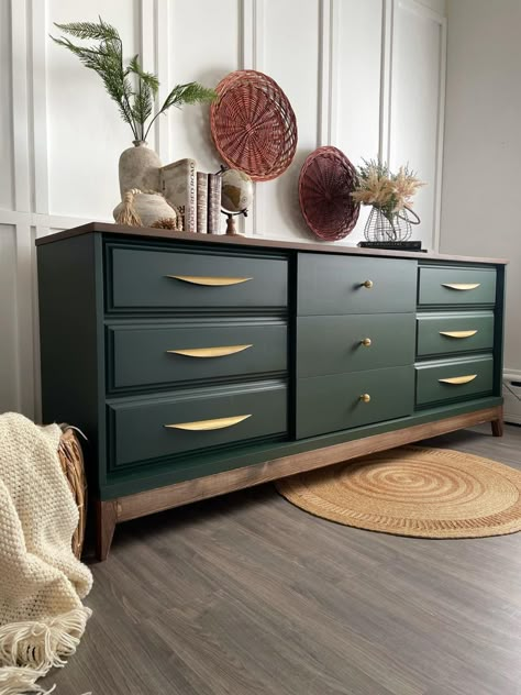 Green Refinished Furniture, Green Dresser With Gold Hardware, Dresser Makeover Green, Dark Green Dresser, Dark Green Furniture, Green Dresser Makeover, Painted Credenza, Floating Nightstand Ideas, Modern Floating Nightstand