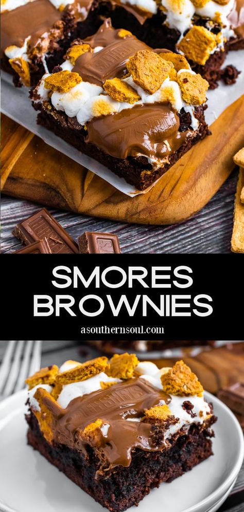 S’mores Brownies Recipe Easy, S'more Brownies, S’more Brownies, Brownie Smores Recipe, S’more Dessert, Camping Treats, Ghirardelli Brownie Mix, Chocolate Mint Brownies, Brownies Fudgy