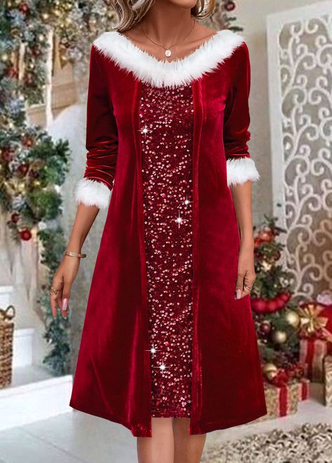 #longsleeve #stylish #party #christmas #shiny #modern #furcollar #red #stylishdress #christmasdress Red Christmas Dresses, Mrs Claus Dress, Womens Sequin Dresses, Red A Line Dress, Womens Velvet Dresses, Womens Winter Dresses, Whimsical Dress, Christmas Dresses, Christmas Clothing