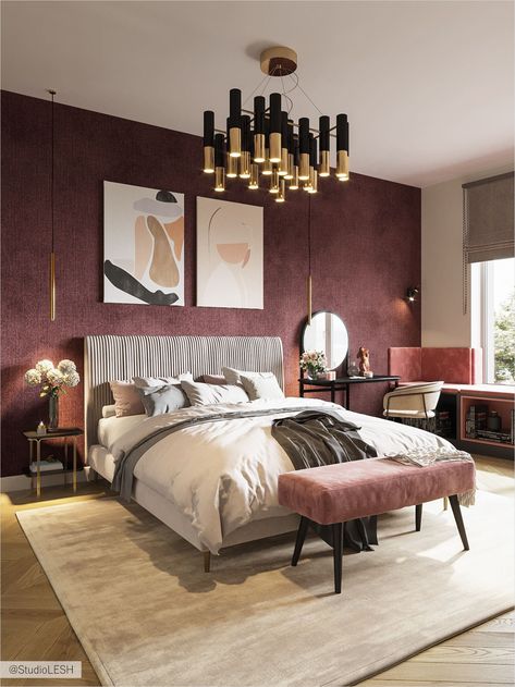 Bedroom Ideas Burgundy, 3d Wall Bedroom, Burgundy Room Ideas Bedrooms, Pink And Burgundy Bedroom, Burgundy Bedroom Decor, Bordeaux Bedroom, Bedroom Burgundy, Maroon Room, Warm Bedroom Decor